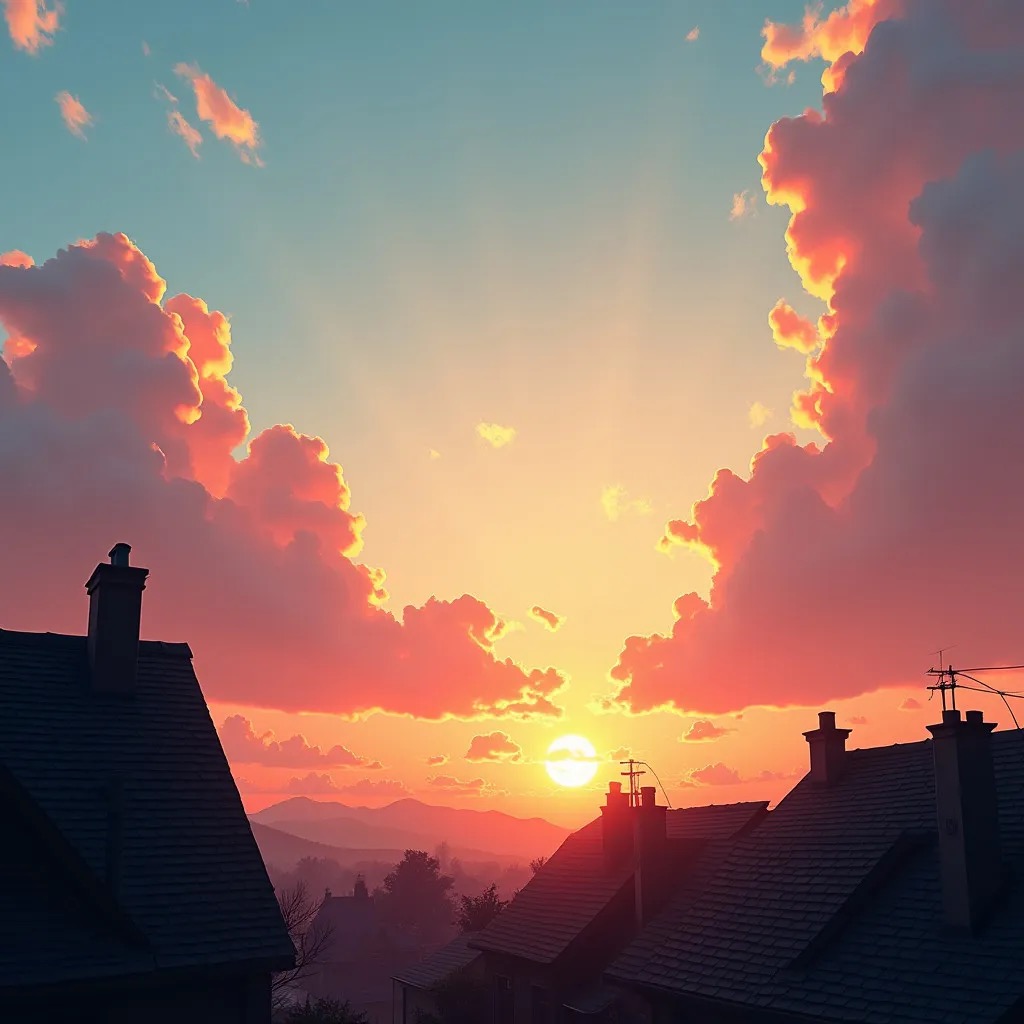 AI-generated image of a sunset with clouds. Includes blue, pink, orange, yellow, and purple colors. There's a silhouette of houses, mountains, and plants at the bottom.